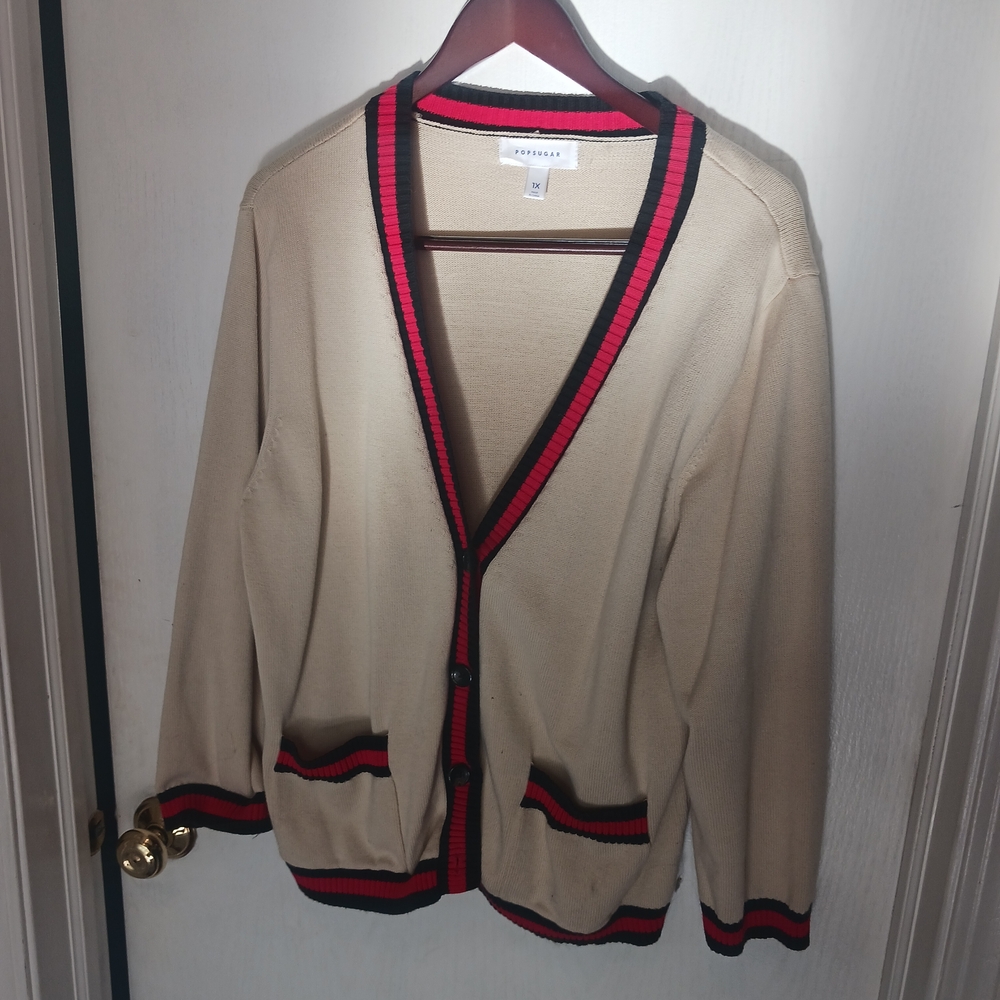 POPSUGAR Beige Sweater with Red and Black Accents